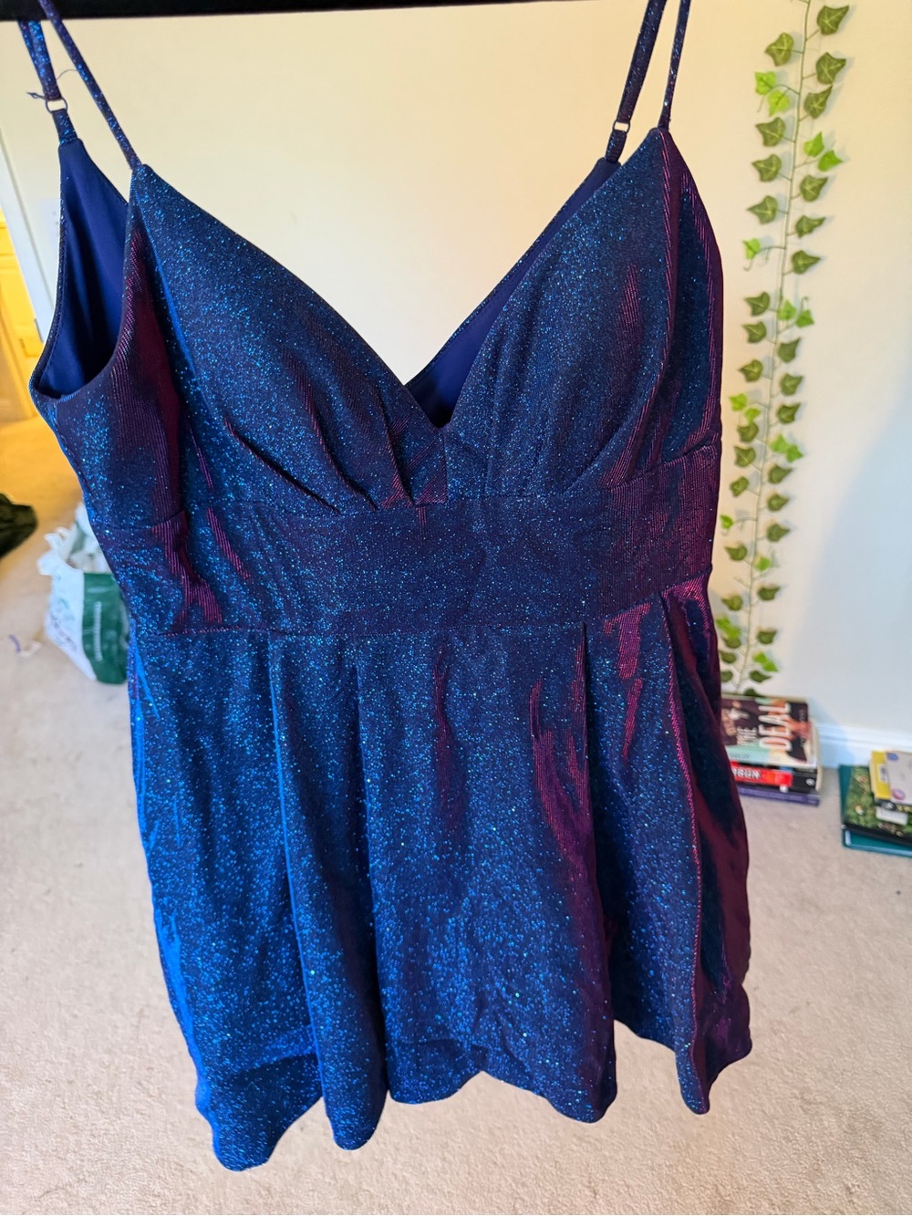 Juniors Glitter Navy Blue Mini Dress with V-Neck and Spaghetti Straps